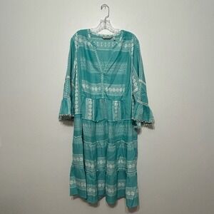 Soft Surroundings Turquoise Cotton Tiered Half Sleeve Boho Dress Womens Size 1X‎